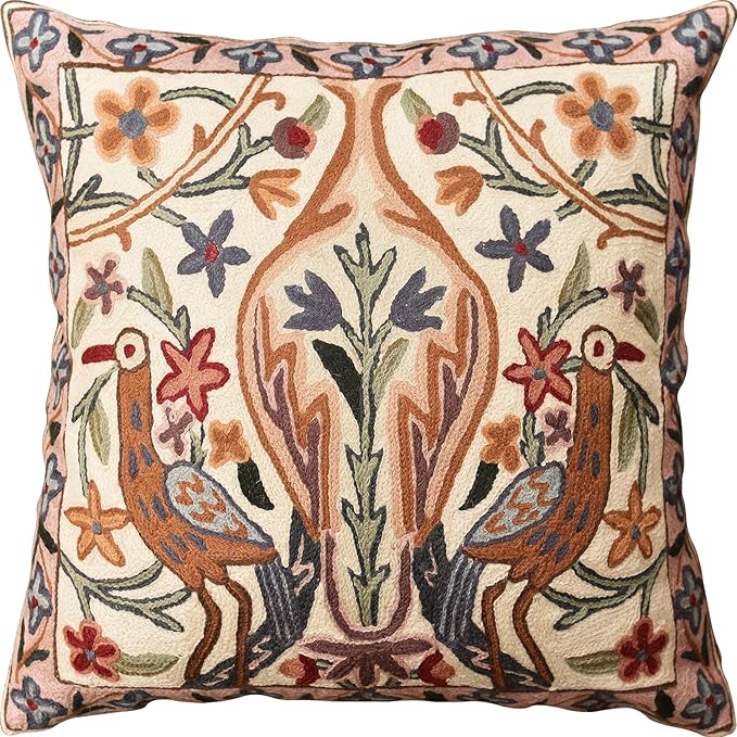 Tree of Life Pillow Cover - Crane Cream Floral Outdoor Pillows | Suzani Cushions | Modern Floral Cushion Hand Embroidered Shams Wool Size - 18x18