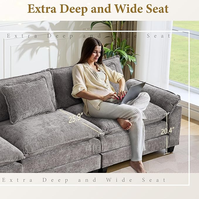 URRED Modular Sectional Sofa Comfy Cloud Couch, Modern Chenille Sofa Sleeper Deep Seat Couches with Ottoman/Pillows for Living Room (Gray, 154'' - U Shape)