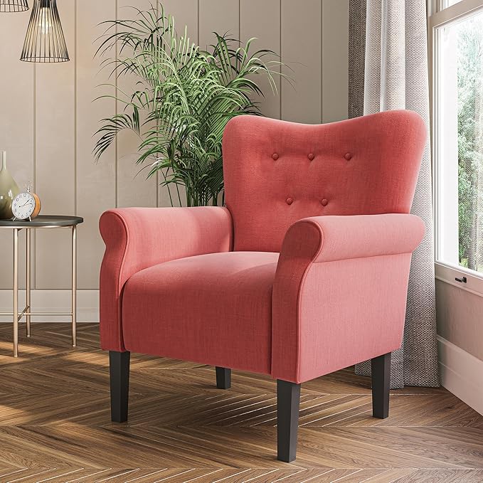 BELLEZE Modern Accent Chair for Living Room, High Back Armchair with Wooden Legs, Upholstered Wingback Side Chair Padded Armrest Single Sofa Club Chair for Living Room, Bedroom - Allston (Brick)