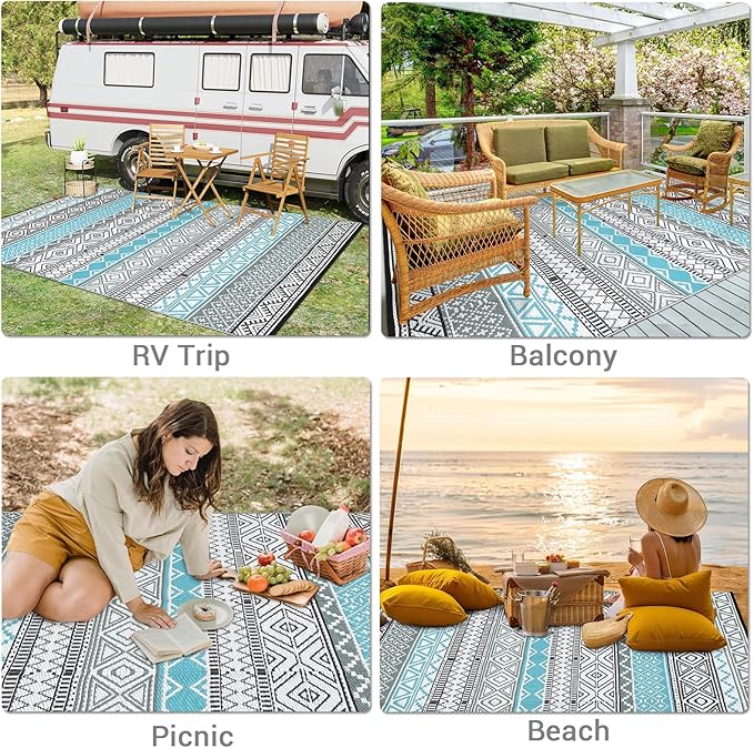 GAOMON Outdoor Rug Waterproof 8'x10', Reversible Outdoor Plastic Straw Rug, Boho Patio Rug, Indoor Outdoor Carpet, RV Mat Outside for Patio, Camp, Picnic, Balcony, Deck, Blue/Grey(Bohemia)