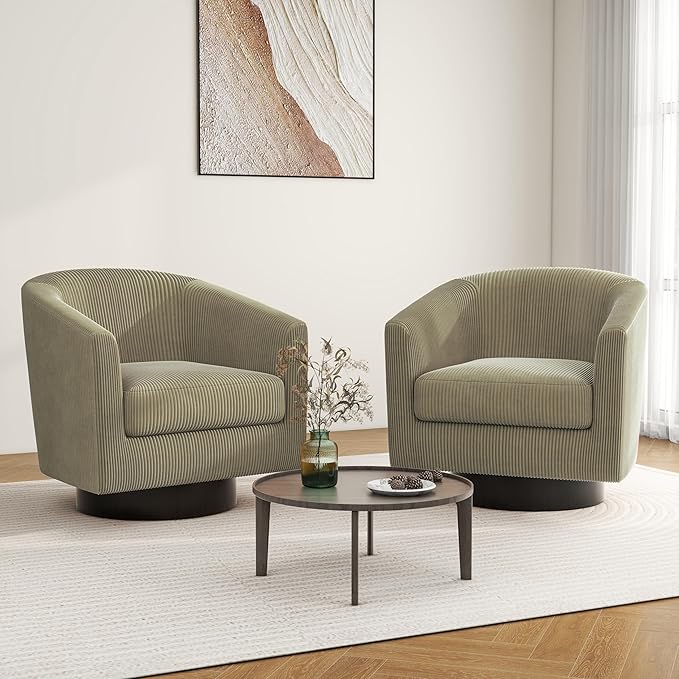 Swivel Barrel Accent Chair, Modern Round Corduroy Fabric Arm Chair for Living Room, Bedroom, Comfy Club Reading Chairs for Adults (Corduroy Camel, Set of 1)