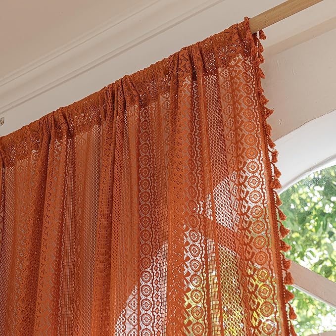 Sutuo Home Terracotta Boho Curtains for Bedroom Living Room, Crochet Lace Sheer Bohemian Style with Tassels,Window Treatment Drapes for Halloween Decor, Rod Pocket 1 Panel 59" W x 108" L, Orange