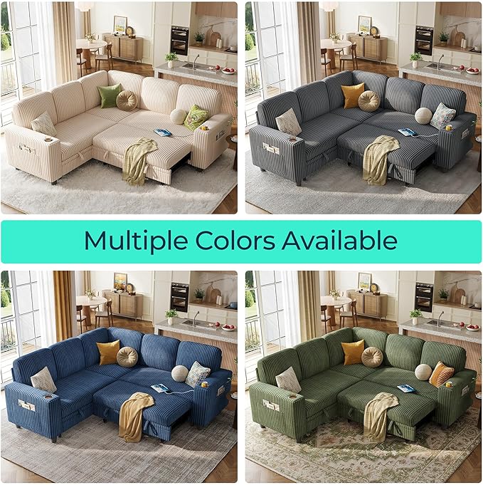 LINSY HOME Sectional Sleeper Sofa with Pull Out Couch Bed - Convertible Plush Corduroy Cloud Couch with Storage Chaise & USB Charging, Comfy L Shaped Modular Couches for Living Room Apartment, Blue