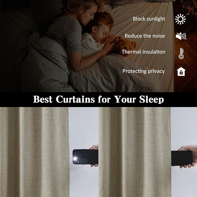 RAIN CITY Blackout Taupe Curtains 94 Inch Long for Bedroom Living Room Linen Textured Farmhouse Room Darkening/Thermal/Noise Reduction Window Treatment Drapes with Hooks 2 Panels, 2x50Wx94L in
