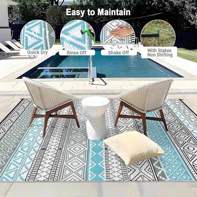 GAOMON Outdoor Plastic Straw Rug, 10'x20' Reversible Sage Green Patio Mat, Flower Modern Design for RV, Backyard, Deck, Camping, Picnic, Blue/Grey(Bohemia)