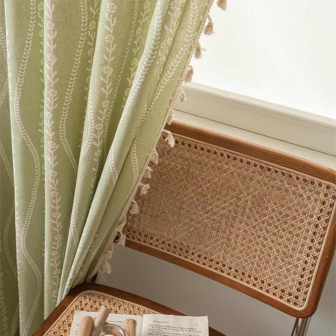 Sutuo Home Boho Curtains 63 Inches Length for Kitchen Doorway Cafe Dining Room, Vintage Tassels Window Treatment Drape for Xmas Decorations Rod Pocket, 1 Panel 59" W x 63" L,Green Stripe Floral