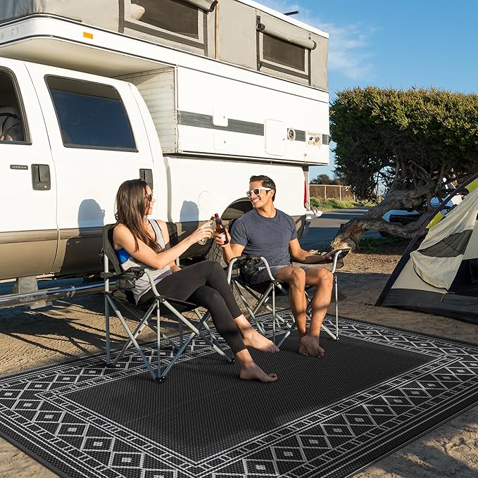 GENIMO Outdoor Rug 5'x8' Waterproof for Patio Decor, Reversible Outdoor Plastic Straw Rug Carpet, Camping Mats for Outdoor, RV, Backyard, Deck, Balcony, Picnic, Black & Grey