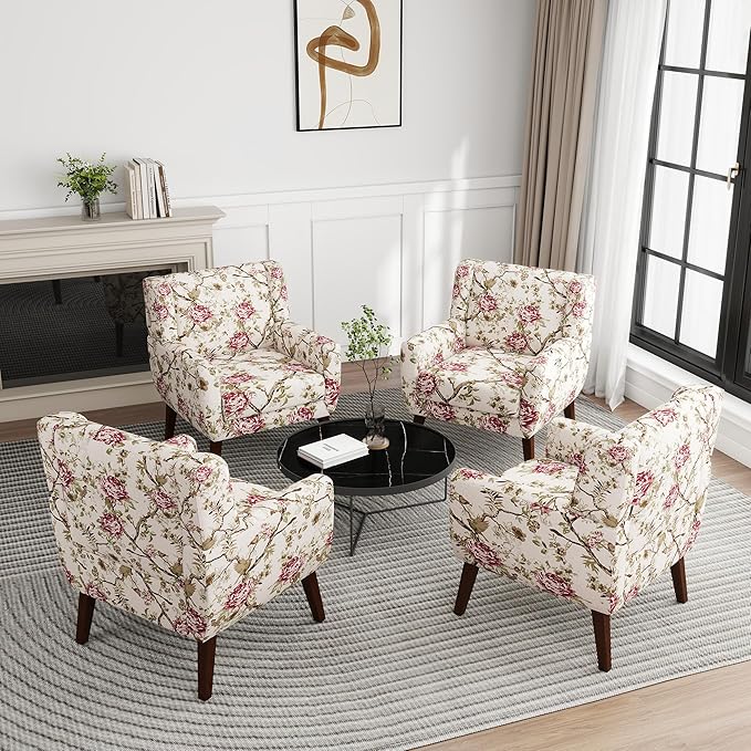 UIXE Floral Accent Chair, Modern Upholstered Armchair in Fabric for Living Room, Comfy Club Arm Chairs Single Sofa Button Tufted Bedroom Reading Seat - Pattern Floral, Set of 4