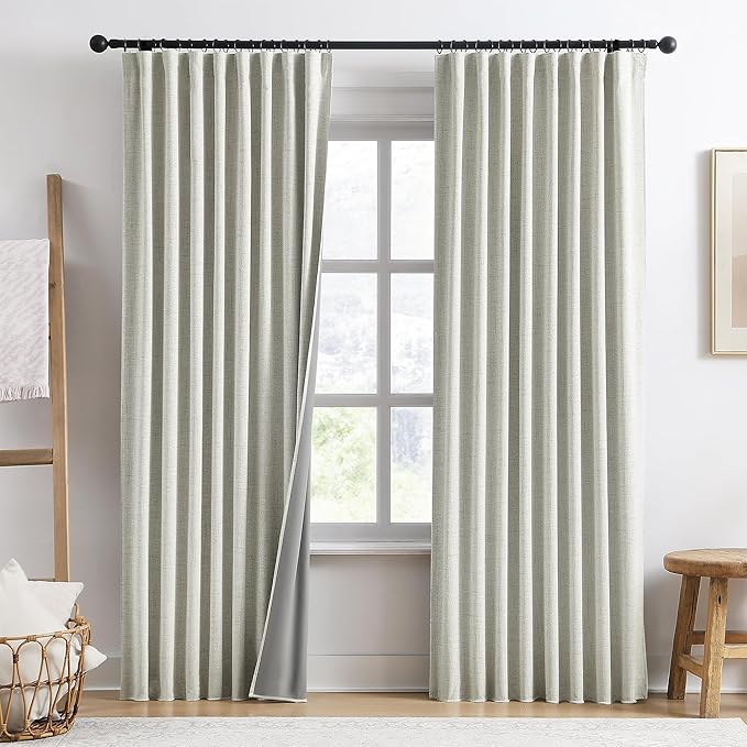 94 Inch Long Blackout Curtains 2 Panels,Pleated Back Tab Rod Pocket with Hooks,Solid Rustic Heat Reflective Linen Textured Dark Out Darkening Curtains for Living Room 50W x 94L Natural Cream
