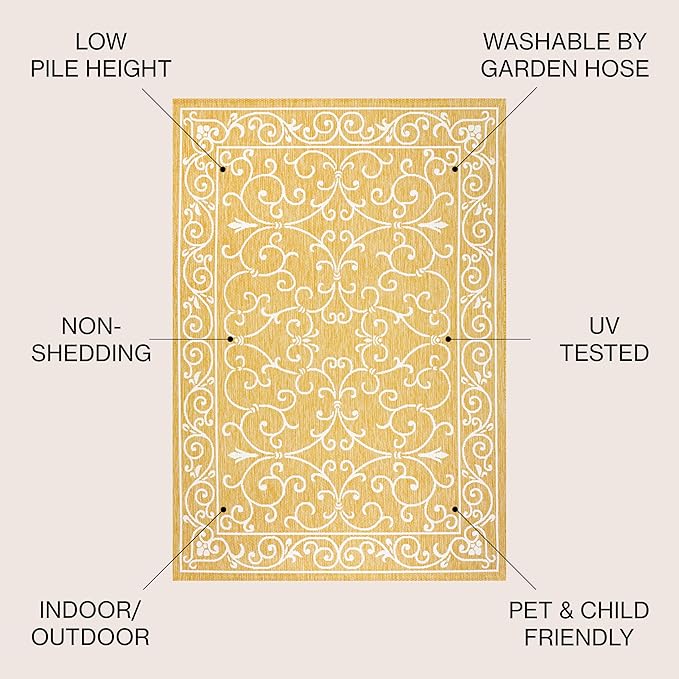 JONATHAN Y Vintage Filigree Indoor Outdoor Area Rug 4X6 Yellow/Cream, Charleston Textured Weave for Backyard, Patio, Porch, Easy-Cleaning, High Traffic, Pet-Friendly, Non-Shedding (SMB106L-4)