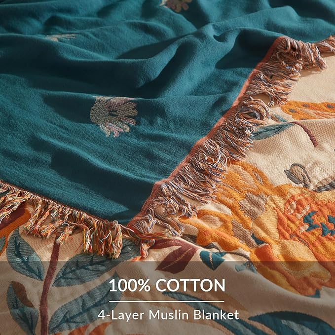 Boho Throw Blanket for Couch Sofa Bed, 100% Cotton Woven Quilt with Tassel 80”x90”, Super Soft Muslin Blanket with Floral Printed, Decorative Reversible Bed Blanket/Cover for All Seasons