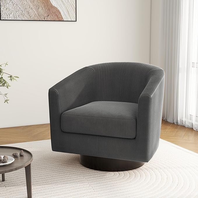 Swivel Barrel Accent Chair, Modern Round Corduroy Fabric Arm Chair for Living Room, Bedroom, Comfy Club Reading Chairs for Adults (Corduroy Grey, Set of 1)