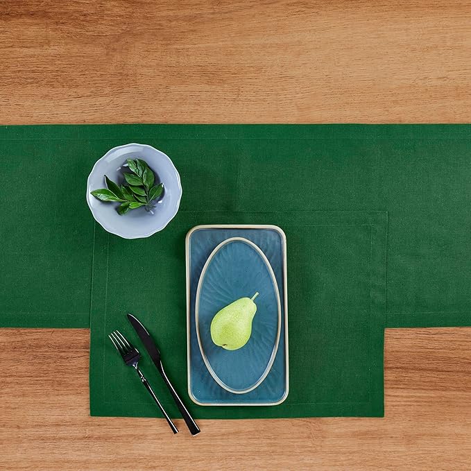 Solino Home Linen Table Runner 36 Inches - 100% Pure Linen Pine Green Table Runner 14 x 36 Inch Ideal for Dresser and Coffee Tables - Fall, Autumn, Thanksgiving - Fete
