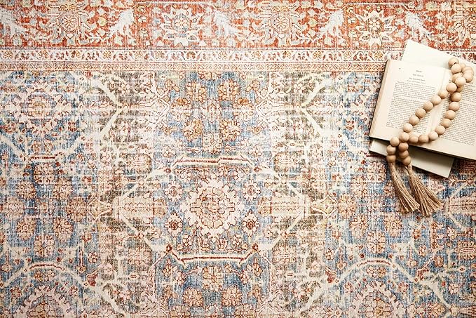 Loloi Layla Collection LAY-04 Ocean/Rust 2'-6" x 12'-0" .13" Thick Runner Rug, Soft, Durable, Vintage Inspired, Distressed, Low Pile, Non-Shedding, Easy Clean, Printed, Living Room Rug