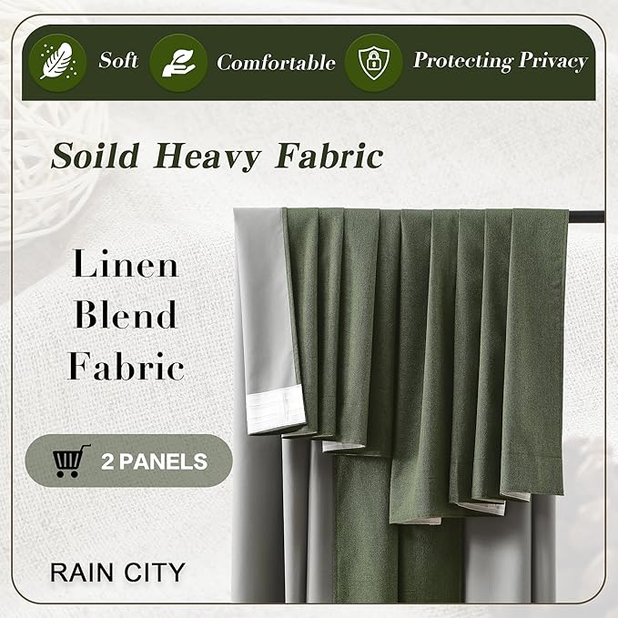 RAIN CITY Extra Wide Linen Blackout Curtains & Drapes with Hooks 70 in Width for 60&72 Inch Window 2 Panels,Back Tab Pleated Curtains for Track System Sliding Glass Door 70x102,Loden Olive Green