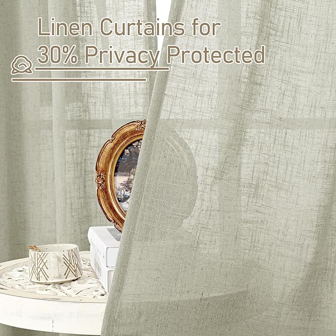 LAMIT Short Linen Curtains 40 Inch Length, Sage Grey Small Window Semi Sheer Drapes Light Filtering Bronze Grommet Neutral Panels for Cafe/Basement, 2 Panels Set, 34 x 40 Inch