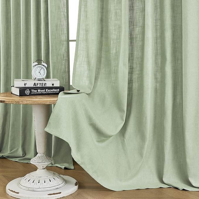 Joydeco Linen Curtains for Living Room,Light Filtering Rod Pocket Back Tab Semi Sheer Drapes Window Long Curtains 63 inches Long Sage Green