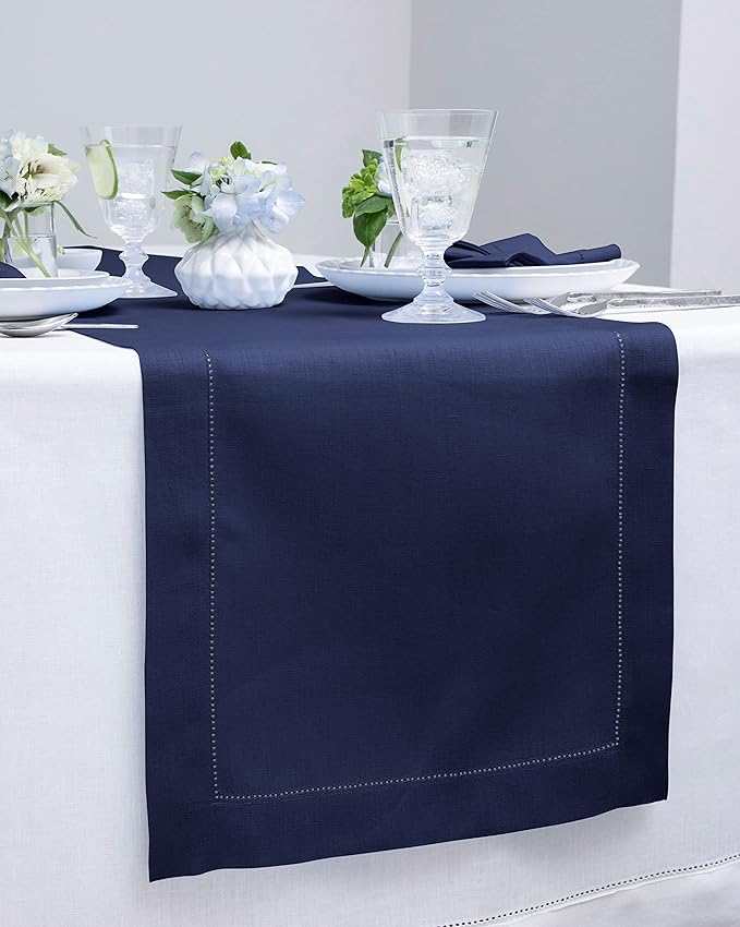 Solino Home Linen Navy Table Runner 60 Inches - Classic Hemstitch, 100% Pure Linen Coffee Table Runner 14 x 60 Inch Ideal for Dresser Tables - Fall, Autumn, Halloween, Thanksgiving