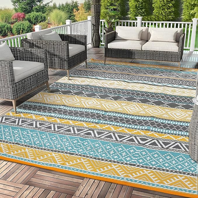 GAOMON Outdoor Plastic Straw Rug, 10'x14' Reversible Sage Green Patio Mat, Flower Modern Design for RV, Backyard, Deck, Camping, Picnic, Teal/Yellow(Bohemia)
