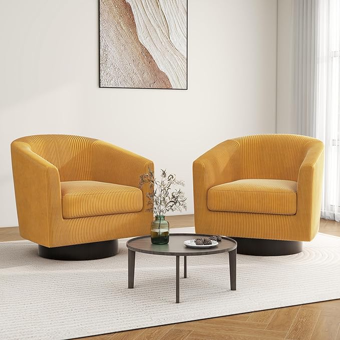 Swivel Barrel Accent Chair, Modern Round Corduroy Fabric Arm Chair for Living Room, Bedroom, Comfy Club Reading Chairs for Adults (Corduroy Orange, Set of 1)