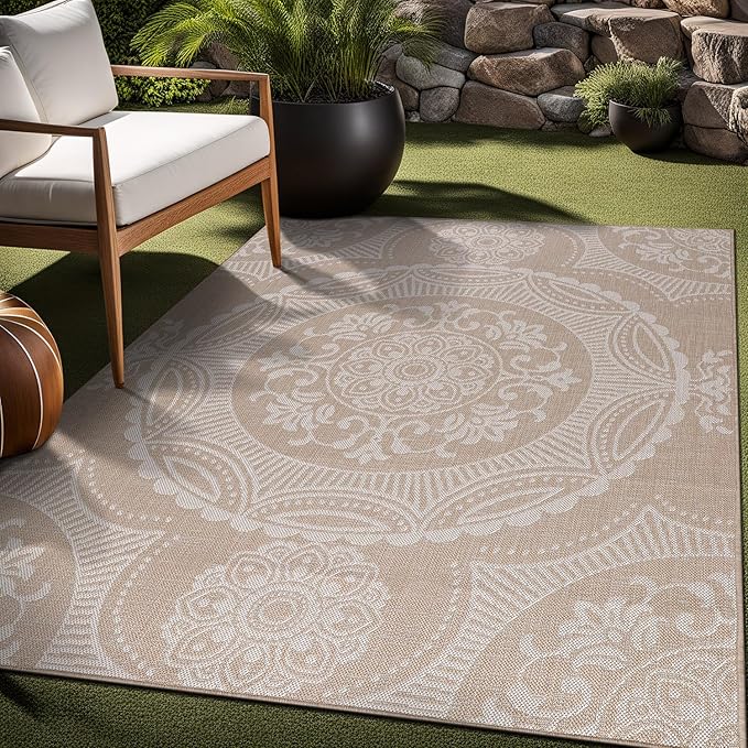 Medallion Outdoor Rug 9x12 Washable Outside Carpet for Indoor Patio Porch Waterproof Easy Cleaning Non Shedding Area Rugs Beige 9 x 12