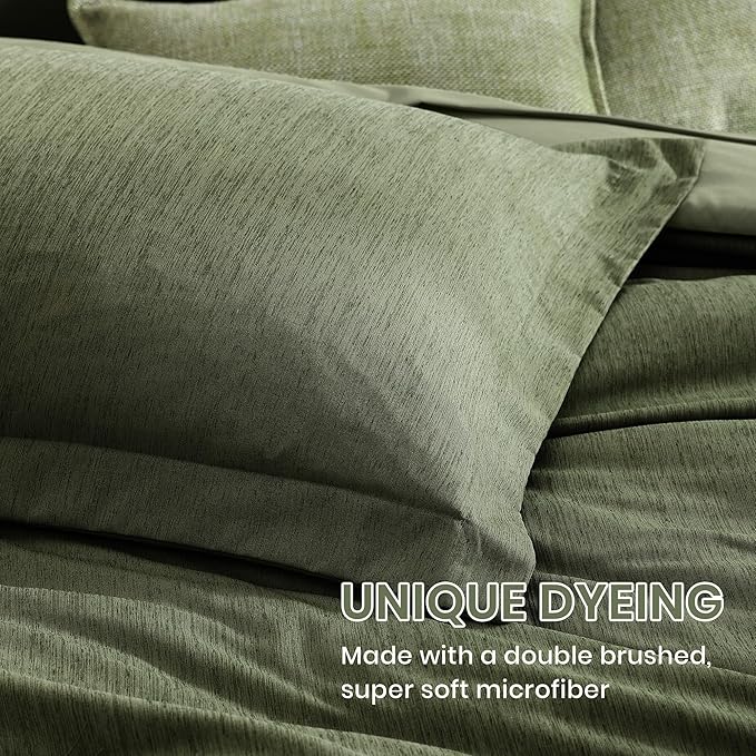 Monbix King Size Comforter Set, Olive Green King Bed Set Reversible, King Size Comforter Set 7 Pieces, Cationic Dyeing Bed in a Bag with Comforter, Sheets, Pillowcases & Shams