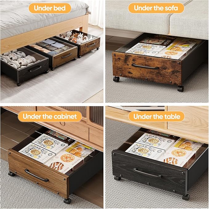 Wooden Under Bed Storage with Wheels, Rolling Under the Bed Storage Bins with Removable Lid, Metal Under Bed Drawers for Clothes and Shoes in Bedroom or Living Room(Vintage Brown-2pack)
