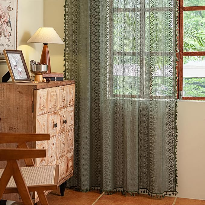 Sutuo Home Boho Curtains 120 inches Long, Crochet Lace Sheer Bohemian Hollow Knitted Cute Tassels, Vintage Farmhouse for Bedroom Living Room Nursery Dining Room, 1 Panel 59" W x 120" L,Olive Green