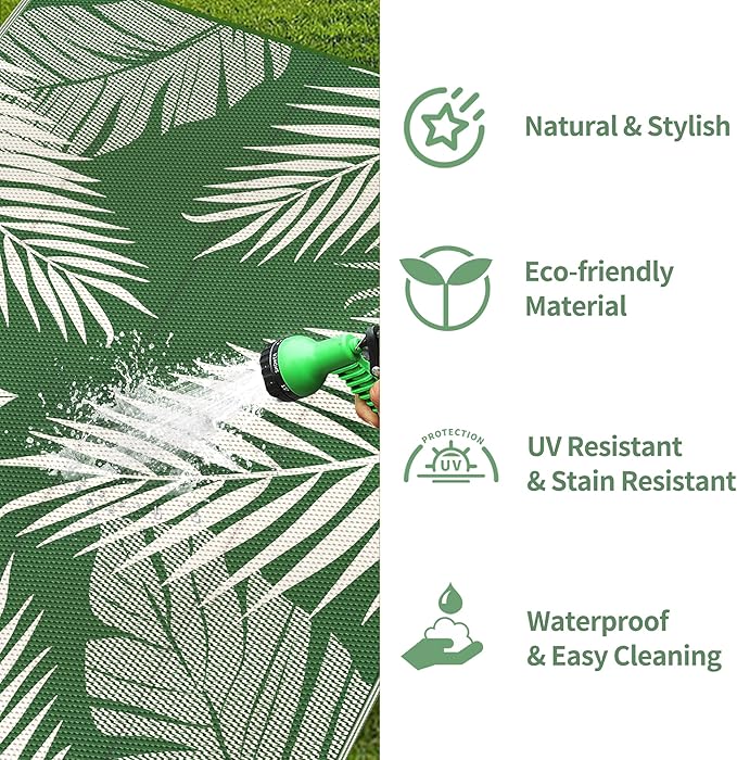 GENIMO Outdoor Rug 8' x 10' Waterproof for Patios Clearance, Reversible Outdoor Plastic Straw Camping Rug Carpet, Large Area Rugs Mats for RV, Picnic, Backyard, Deck, Balcony, Porch, Dark Green&White