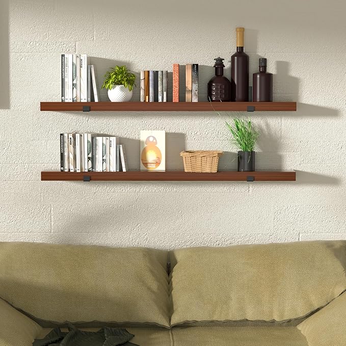 CONSDAN Floating Shelves for Wall Mounted Book Shelf Hanging Shelves Floating Bookshelf for Bedroom, Bathroom, Living Room, Kitchen USA Grown Solid Hardwood, Dark Maple 48x7.5x1.5 in (Set of 3)
