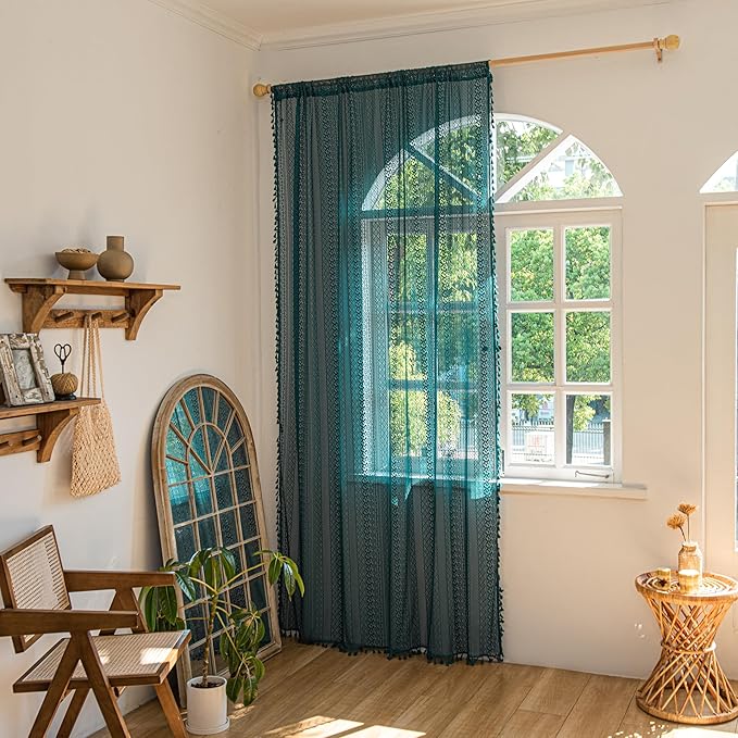 Sutuo Home Boho Curtains 96 inches Long for Bedroom Living Room Nursery Room, Crochet Lace Sheer Bohemian Hollow with Tassels,Window Treatment Drapes, Rod Pocket 1 Panel 59" W x 96" L, Turquoise