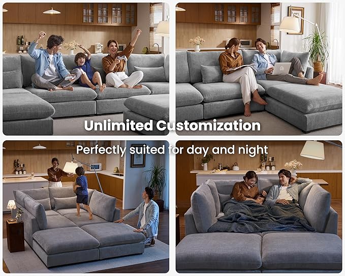 Oversized Modular Sofa, Extra Deep Cloud Chenille Sectional Couch with Ottoman Chaise, Fluffy Chenille 2 Seater Sofa Bed for Living Room, Villa (Sofa Bed 4 Seater, Chenille Grey)