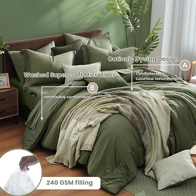 Monbix Queen Comforter Set - 7 Pieces Cationic Dyeing Olive Green Bed in a Bag Queen Bedding Sets with Comforter, Sheets, Pillowcases & Shams, Reversible Bedding Comforters Sets