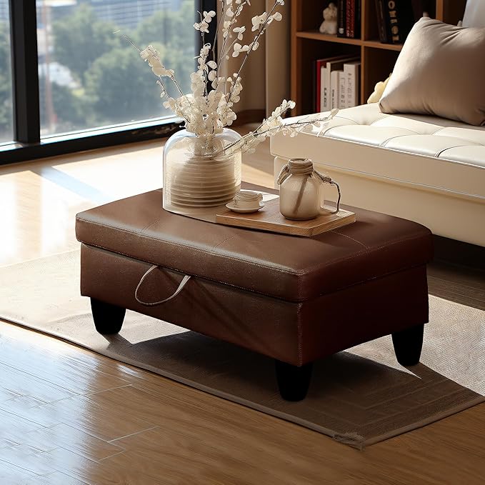 Ottoman Rectangular Storage Ottoman Bench, Faux Leather Footrest, Coffee Table, Stool Footstool with Hinged Lid for Living Room, Bedroom, Entryway, Brown, 28.5"x19"x17.5"