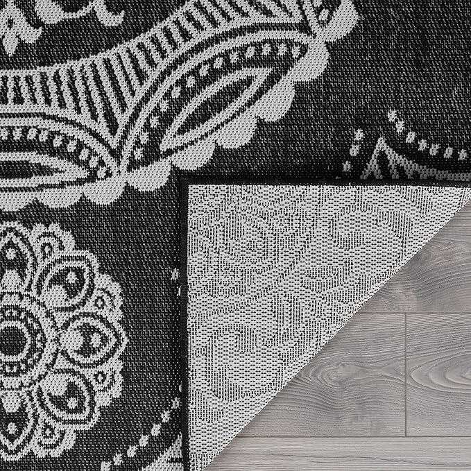 Medallion Outdoor Rug 10x14 Washable Outside Carpet for Indoor Patio Porch Waterproof Easy Cleaning Non Shedding Area Rugs Black 10 x 14