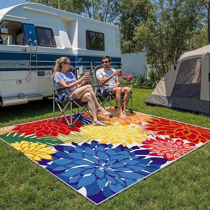 Indoor Outdoor Area Rug 8x10 Patio Washable Multicolored Patio Rug Tropical Botanical Modern Floral Indoor Outdoor Carpet Non-Slip for RV, Pool Deck, Backyard, Porch