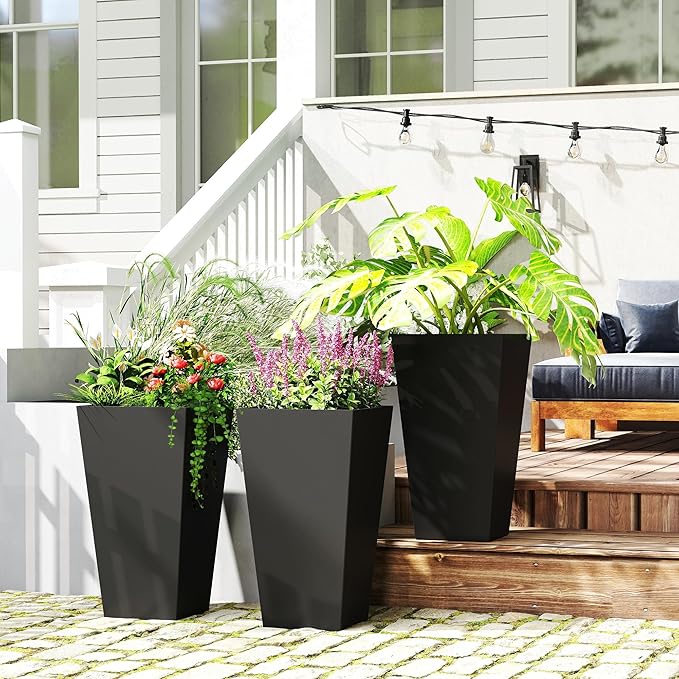 Outsunny Tall Planters for Outdoor Plants Set of 3, 28 in Taper Planters with Drainage Holes, Indoor Grande Plant Pots, Front Porch Decor (Black)