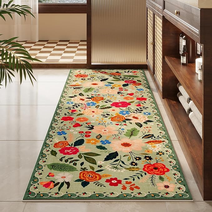 Runner Rug for Hallways Kitchen Rug Non Slip 2'x 6' Washable Rugs with Rubber Backing Soft Floral Carpet Runner for Hallways, Kitchen, Laundry, Bedroom, Bathroom(Green)