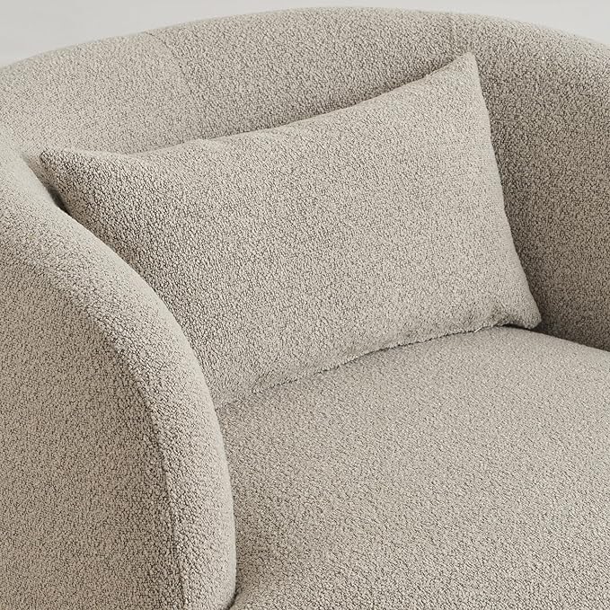 KINWELL 34" Wide Sherpa Swivel Barrel Chair, No Assembly Round Boucle Upholstered Accent Chair Armchair Single Sofa Chair with Toss Pillow for Living Room and Bedroom, Taupe