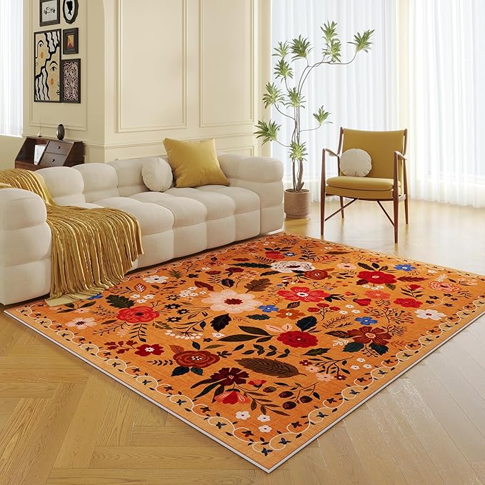 Living Room Rug 5x7 Rug Machine Washable Boho Area Rug Non Slip Floral Vintage Low Pile Large Rugs for Living Room, Bedroom, Farmhouse, Dining Room, Kids Playroom(Yellow)