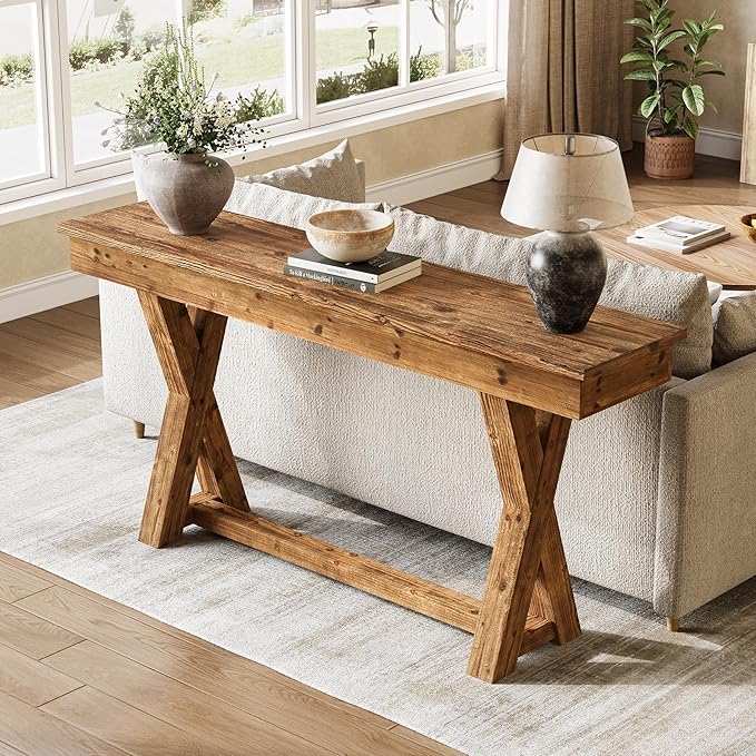 Solid Wood Console Table, 63-Inch Farmhouse Entryway Table with X-Shaped Legs, Real Wood Behind The Couch Table for Living Room, Entrance, Hallway, Easy Assembly