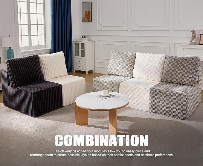 Single Sofa 1 Seat Couch with Deep Seat Memory Foam Cloud Chair with Pillows Large Sofa with L Shape for Living Room Bedroom (Strip White, Single)