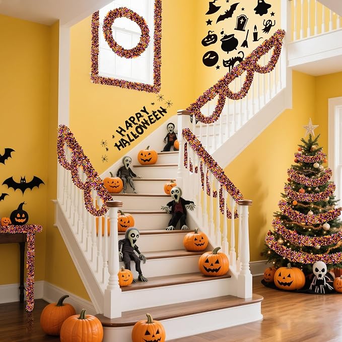 50FT Halloween Decorations Tinsel Garland, Orange Purple Black Shiny Metallic Tinsel Twist Hanging Streamers Garland for Halloween Birthday Home Tree Banister Indoor Outdoor Party Decor Supplies
