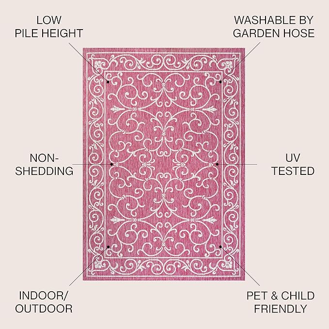 JONATHAN Y Vintage Filigree Indoor Outdoor Round Area Rug 5 Ft Fuchsia/Light Gray, Charleston Textured Weave for Backyard, Patio, Porch, Easy-Cleaning, Pet-Friendly, Non-Shedding (SMB106J-5R)