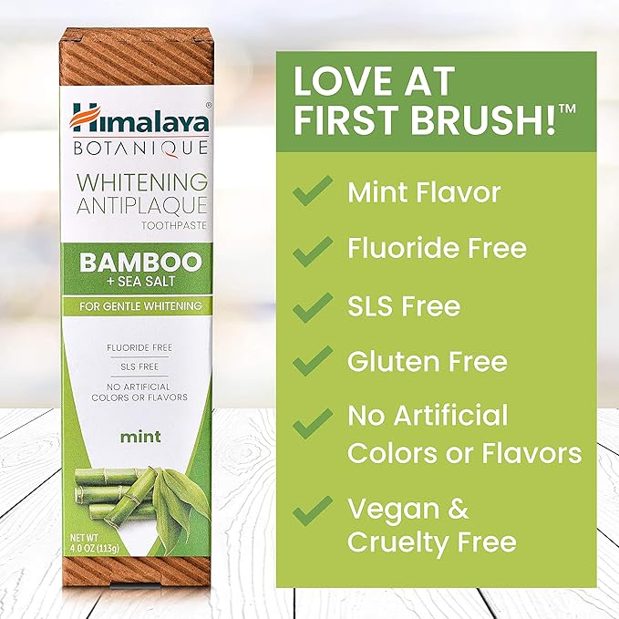 Himalaya Botanique Whitening Antiplaque Toothpaste with Bamboo + Sea Salt, Fluoride Free, for Gentle Whitening, 4 oz, 2 Pack