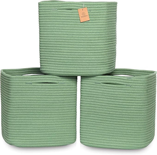 NaturalCozy 13 Inch Cube Storage Bins Cotton Rope Woven Baskets for Organizing 3-Pack | 13 x 13 Storage Cubes | Fabric Square Storage Baskets for Shelves Organizer, Kids Toy Bins, Closet Baby Nursery