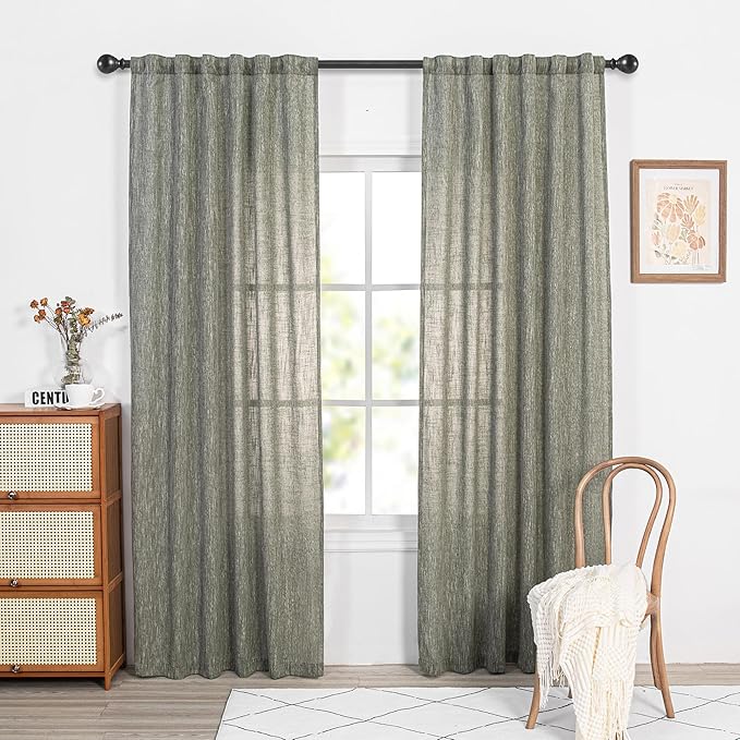 MYSKY HOME Living Room Curtains 84 Inches Long Semi Sheer Light Filtering Privacy Drapes Linen Look Textured Boho Home Decor, Backdrop Curtain for Parties, 50" x 84", Olive Green, 2 Panels