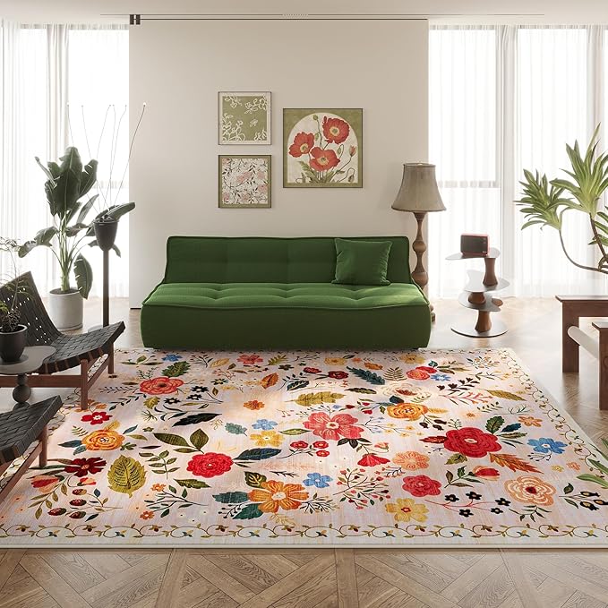 Area Rugs 8x10 Rug for Living Room Clearance Washable Boho Area Rug Non Slip Floral Vintage Low Pile Large Rug for Living Room, Bedroom, Farmhouse, Dining Room, Kids Playroom(Beige)