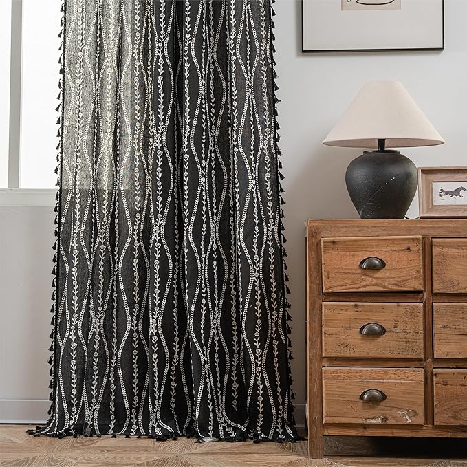 Sutuo Home Boho Curtains 84 Inches Long for Bedroom Living Room Nursery, Bohemian Vintage Tassels Window Treatment Drape for Halloween Decorations Rod Pocket, 1 Panel 59"W x 84"L,Black Stripe Floral