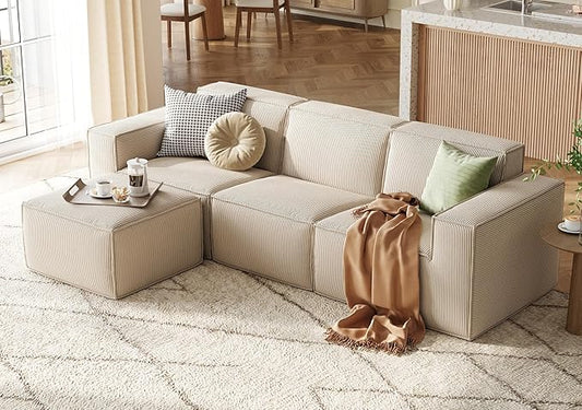 LINSY HOME Modular Sectional Sofa, 105" Boneless Couch L Shaped 3-Seat Sofa with Movable Ottoman, Corduroy Sectional Cloud Couches for Living Room, No Assembly Required, Beige